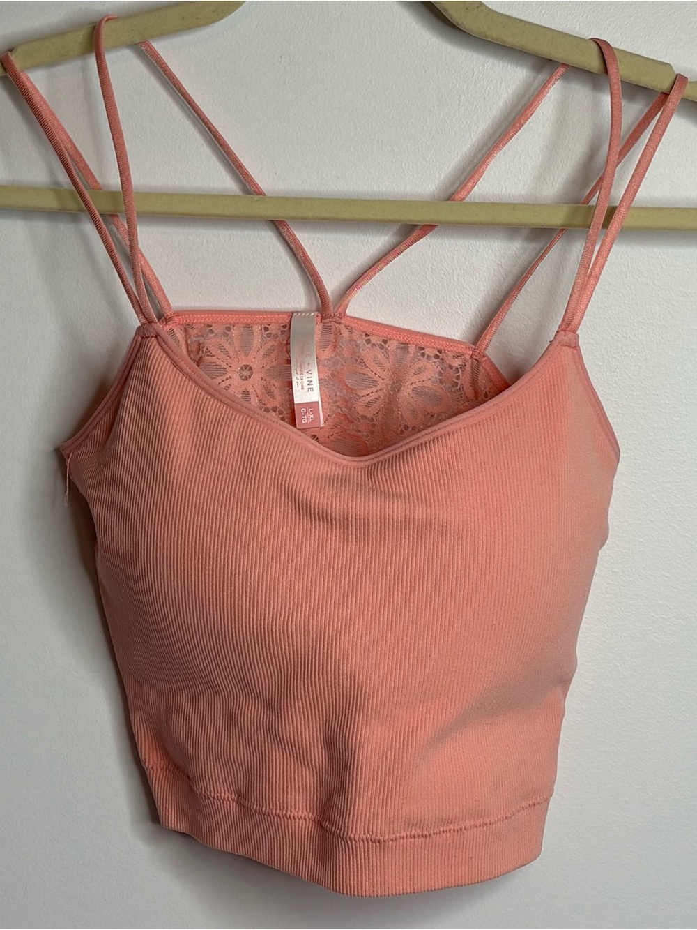 Rose & Vine Coral Lace-Back Ribbed Cami Padded Bra Size L NWOT